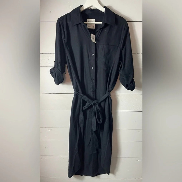 NWT Abercrombie & Fitch Linen-Blend Midi Shirt Dress in Black Size Medium Petite - Picture 6 of 9